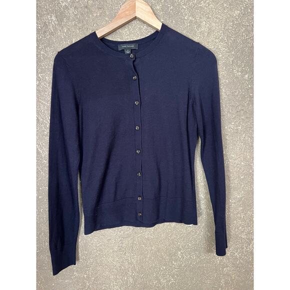 Ann Taylor Sweaters - Ann Taylor Navy Blue Long Sleeve Button Front Cardigan Cotton Blend Size Medium